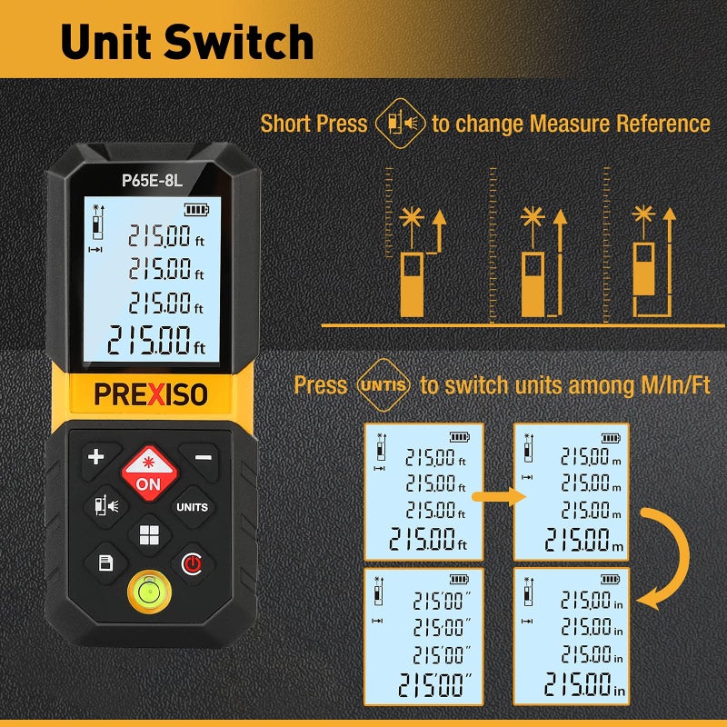 PREXISO Laser Measure, 215Ft Laser Measurement Tool with Entension for Diagonal Measuring Ft/Ft+in/in/M Units - Pythagorean Mode, Area Volume -100 Sets Data Storage, Medidor Laser Distance Meter - Image 3